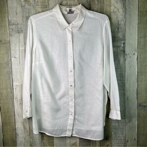 J. Jill Size 2X White Button Front Long Sleeve w/Button Cuff & Collar 100% Linen